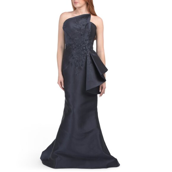 TERANI Navy Strapless Floral Embroidered Applique Gown - Picture 1 of 2